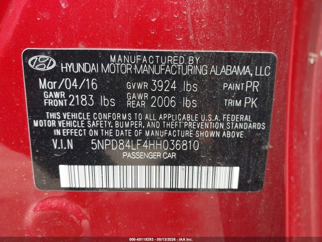 Aukcja sprzedaży 2017 Hyundai Elantra Se, vin: 5NPD84LF4HH036810, numer aukcji: 45119293