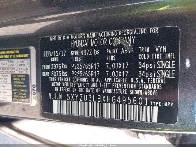 Aukcja sprzedaży 2017 Hyundai Santa Fe Sport 2.4l, vin: 5XYZU3LBXHG495601, numer aukcji: 45119319