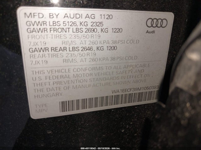 Aukcja sprzedaży 2021 Audi Q3 Premium Plus 45 Tfsi S Line Quattro Tiptronic, vin: WA1EECF39M1050383, numer aukcji: 45119342