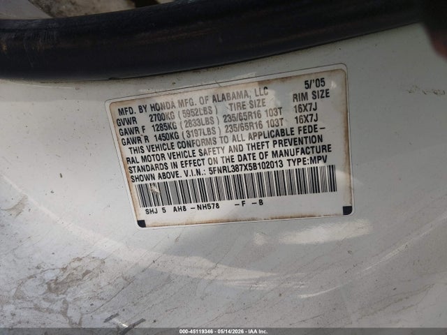 Продаж на аукціоні авто 2005 Honda Odyssey Ex-l, vin: 5FNRL387X5B102013, номер лоту: 45119346