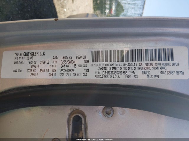 Aukcja sprzedaży 2009 Dodge Ram 1500 Slt/sport/trx, vin: 1D3HB13TX9S751088, numer aukcji: 45119348
