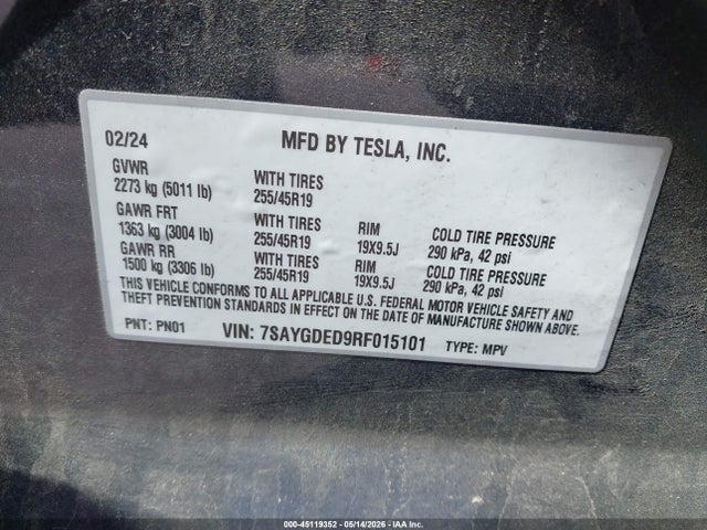 Aukcja sprzedaży 2024 Tesla Model Y Long Range Single Motor Rear-wheel Drive/rwd, vin: 7SAYGDED9RF015101, numer aukcji: 45119352