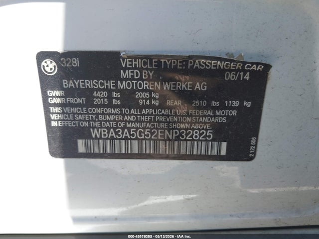 2014 Bmw 328i მანქანა იყიდება აუქციონზე, vin: WBA3A5G52ENP32825, აუქციონის ნომერი: 45119353