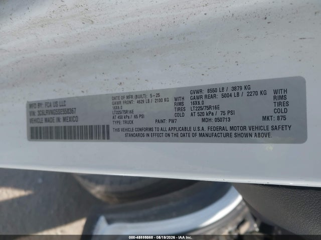 45119360 :رقم المزاد ، 3C6LRVNG5SE558367 vin ، 2025 Ram Promaster 1500 Tradesman Low Roof 118 Wb W/pass Seat مزاد بيع