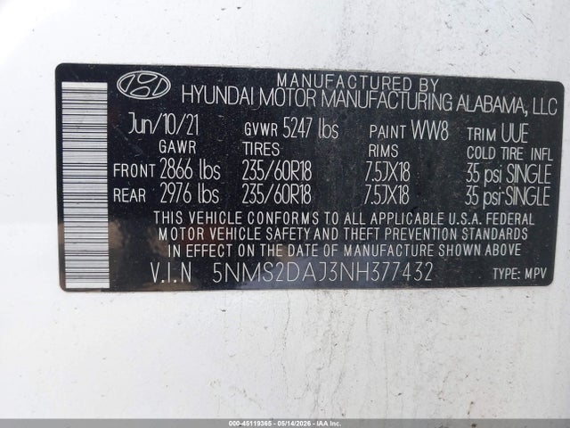 45119365 :رقم المزاد ، 5NMS2DAJ3NH377432 vin ، 2022 Hyundai Santa Fe Sel مزاد بيع