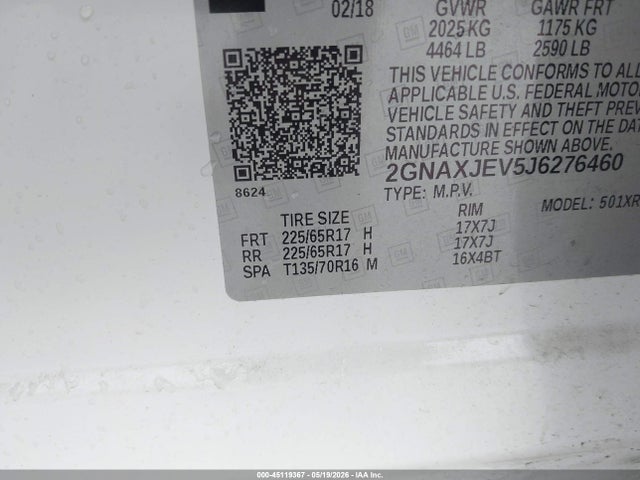45119367 :رقم المزاد ، 2GNAXJEV5J6276460 vin ، 2018 Chevrolet Equinox Lt مزاد بيع