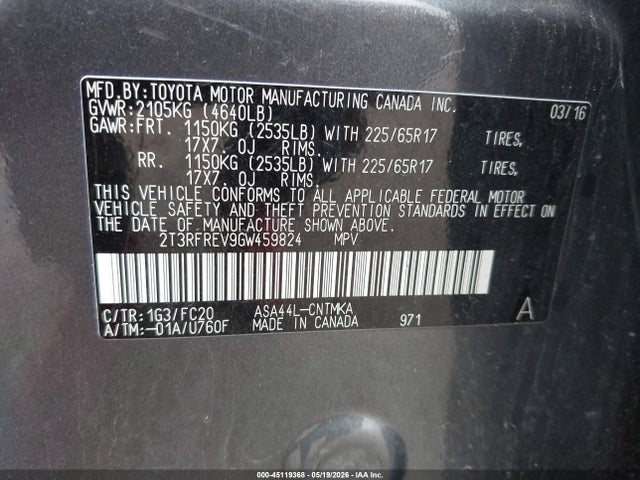 2T3RFREV9GW459824 Toyota Rav4 Xle