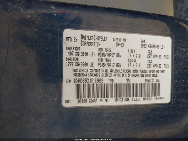 45119371 :رقم المزاد ، 1D4HD38K14F108020 vin ، 2004 Dodge Durango St مزاد بيع
