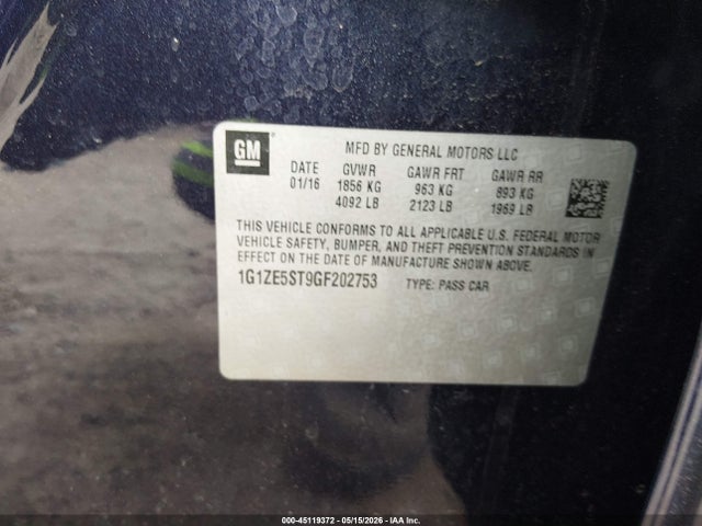 45119372 :رقم المزاد ، 1G1ZE5ST9GF202753 vin ، 2016 Chevrolet Malibu 1lt مزاد بيع