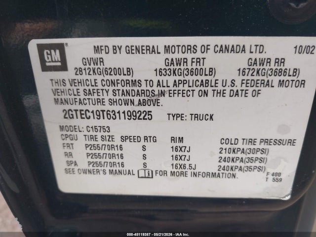 2003 Gmc Sierra 1500 Sle მანქანა იყიდება აუქციონზე, vin: 2GTEC19T631199225, აუქციონის ნომერი: 45119387