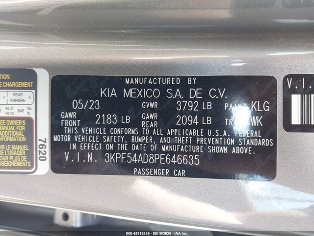 Aukcja sprzedaży 2023 Kia Forte Gt-line, vin: 3KPF54AD8PE646635, numer aukcji: 45119389
