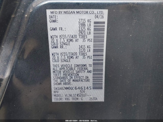 45119391 :رقم المزاد ، 5N1AR2MM0GC646145 vin ، 2016 Nissan Pathfinder Platinum مزاد بيع