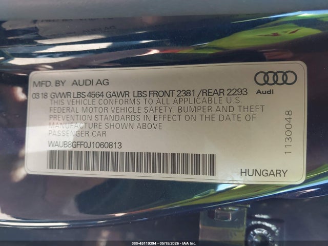 Aukcja sprzedaży 2018 Audi A3 2.0t Premium/2.0t Tech Premium, vin: WAUB8GFF0J1060813, numer aukcji: 45119394
