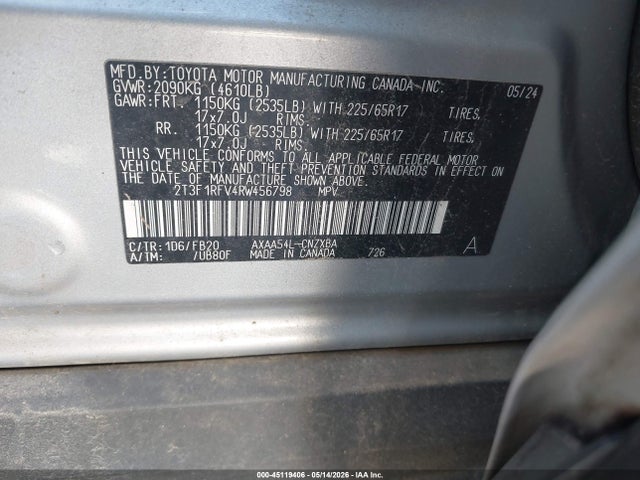 45119406 :رقم المزاد ، 2T3F1RFV4RW456798 vin ، 2024 Toyota Rav4 Le مزاد بيع