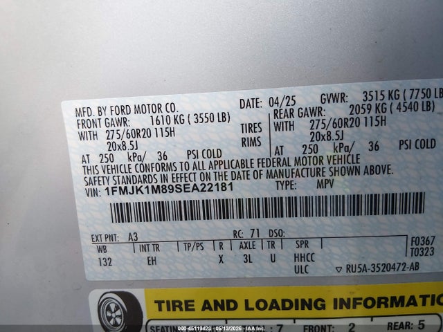 Aukcja sprzedaży 2025 Ford Expedition Platinum Max, vin: 1FMJK1M89SEA22181, numer aukcji: 45119423