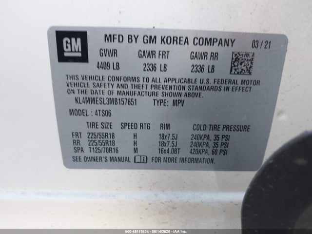 Aukcja sprzedaży 2021 Buick Encore Gx Awd Select, vin: KL4MMESL3MB157651, numer aukcji: 45119424