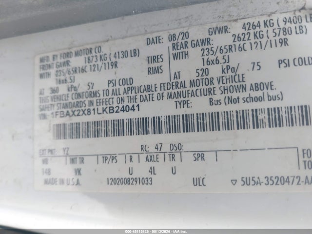 1FBAX2X81LKB24041 Ford Transit-350 Passenger Van Xl