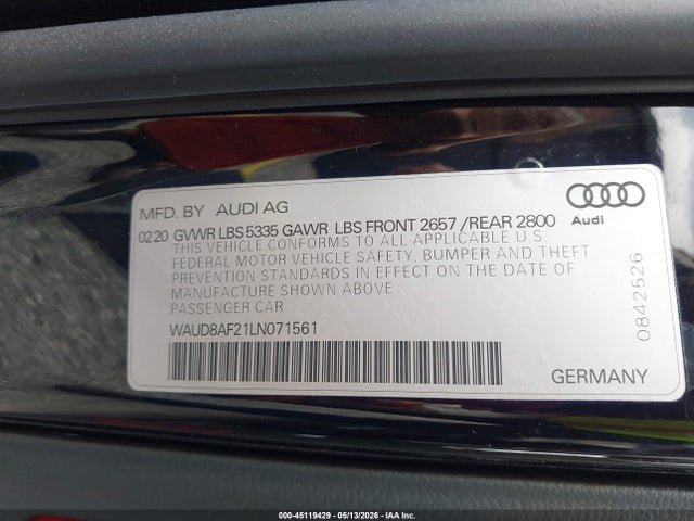 45119429 :رقم المزاد ، WAUD8AF21LN071561 vin ، 2020 Audi A6 Premium 45 Tfsi Quattro S Tronic مزاد بيع