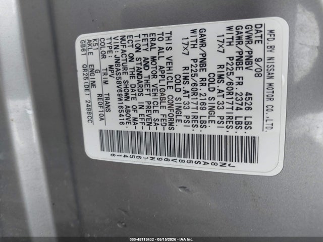 Aukcja sprzedaży 2009 Nissan Rogue Sl, vin: JN8AS58V69W165416, numer aukcji: 45119432