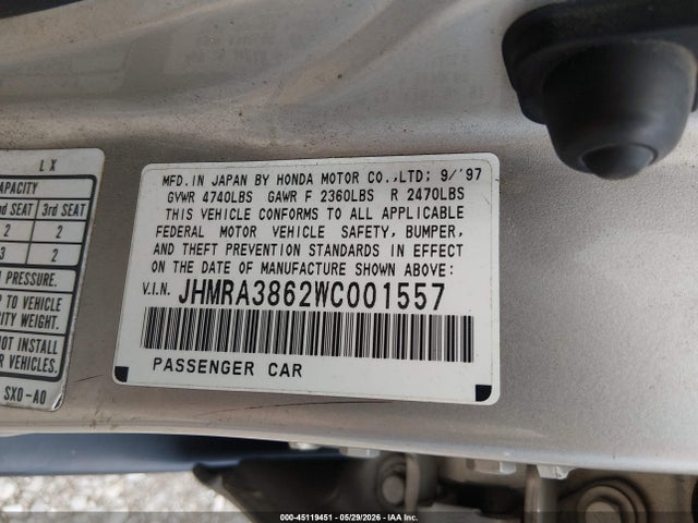 45119451 :رقم المزاد ، JHMRA3862WC001557 vin ، 1998 Honda Odyssey Ex/lx مزاد بيع