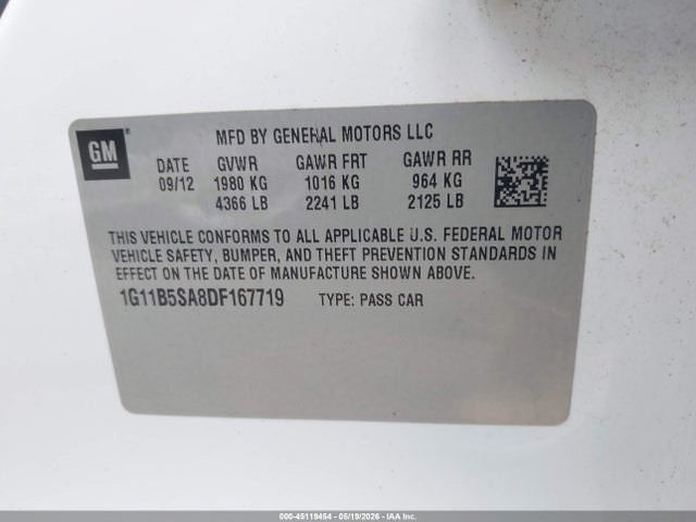 Aukcja sprzedaży 2013 Chevrolet Malibu 1ls, vin: 1G11B5SA8DF167719, numer aukcji: 45119454