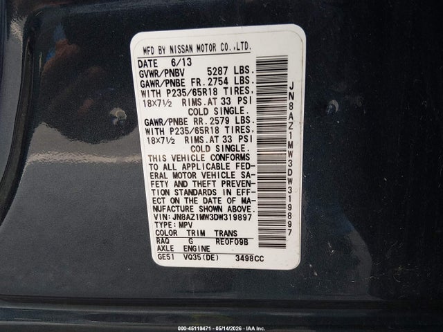 45119471 :رقم المزاد ، JN8AZ1MW3DW319897 vin ، 2013 Nissan Murano Sv مزاد بيع