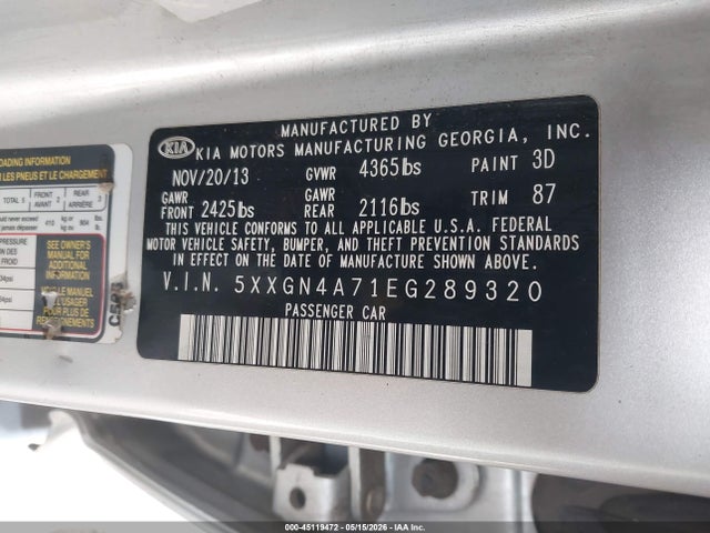 Продаж на аукціоні авто 2014 Kia Optima Ex, vin: 5XXGN4A71EG289320, номер лоту: 45119472