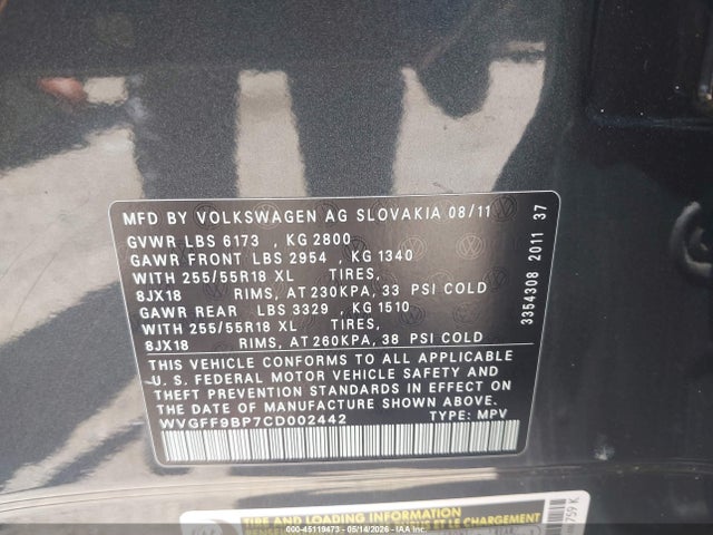 Aukcja sprzedaży 2012 Volkswagen Touareg Vr6 Sport, vin: WVGFF9BP7CD002442, numer aukcji: 45119473