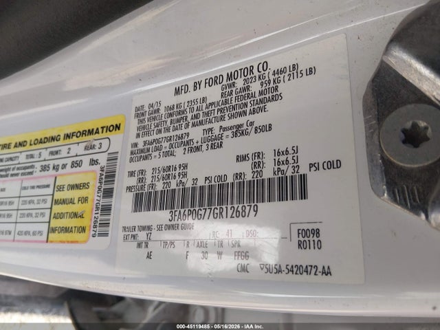 45119485 :رقم المزاد ، 3FA6P0G77GR126879 vin ، 2016 Ford Fusion S مزاد بيع