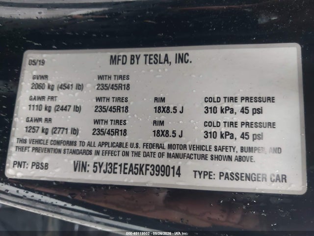 Продажа на аукционе авто 2019 Tesla Model 3 Long Range/mid Range/standard Range/standard Range Plus, vin: 5YJ3E1EA5KF399014, номер лота: 45119502