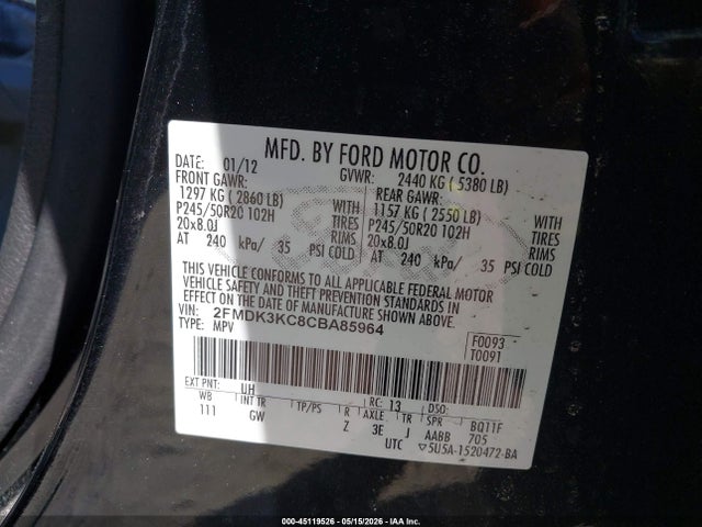 Aukcja sprzedaży 2012 Ford Edge Limited, vin: 2FMDK3KC8CBA85964, numer aukcji: 45119526