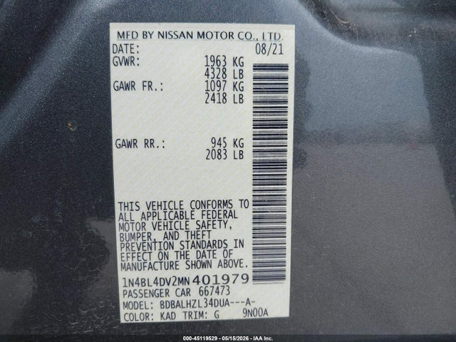 Продаж на аукціоні авто 2021 Nissan Altima Sv Fwd, vin: 1N4BL4DV2MN401979, номер лоту: 45119529
