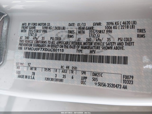 Продажа на аукционе авто 2013 Ford Escape S, vin: 1FMCU0F7XDUC60115, номер лота: 45119533