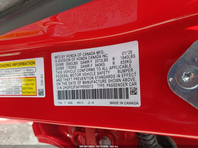 Продажа на аукционе авто 2026 Honda Civic Sport, vin: 2HGFE2F54TH555013, номер лота: 45119534