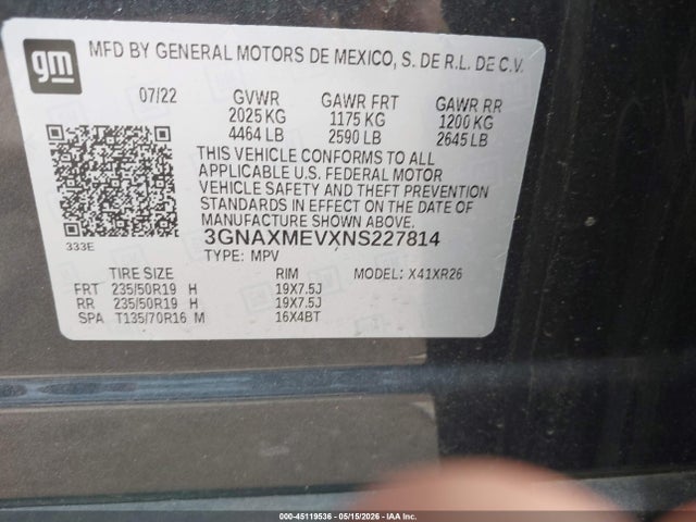 Aukcja sprzedaży 2022 Chevrolet Equinox Fwd Rs, vin: 3GNAXMEVXNS227814, numer aukcji: 45119536