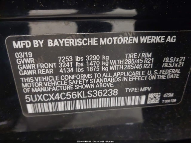 Aukcja sprzedaży 2019 Bmw X7 Xdrive50i, vin: 5UXCX4C56KLS36238, numer aukcji: 45119543