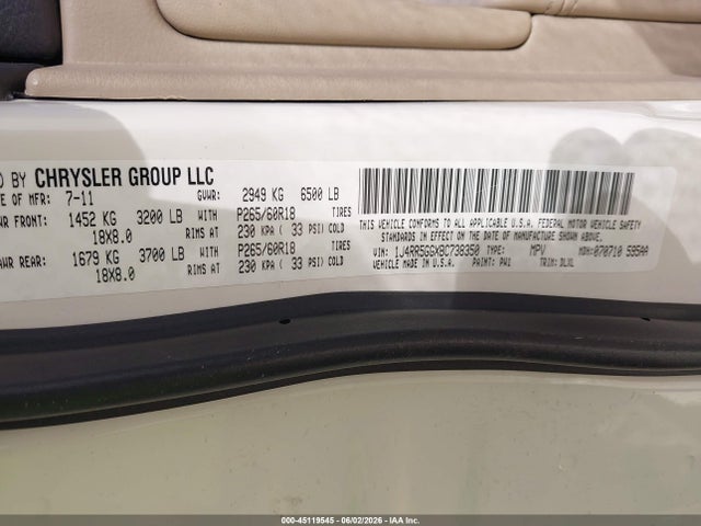 2011 Jeep Grand Cherokee Limited მანქანა იყიდება აუქციონზე, vin: 1J4RR5GGXBC738350, აუქციონის ნომერი: 45119545