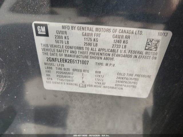 45119550 :رقم المزاد ، 2GNFLEEK2E6171007 vin ، 2014 Chevrolet Equinox Ls مزاد بيع