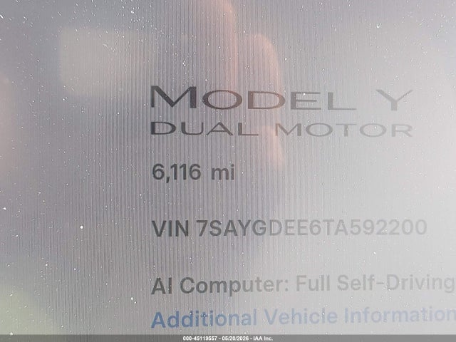 Aukcja sprzedaży 2026 Tesla Model Y All-wheel Drive/long Range Launch Series/premium All-wheel Drive, vin: 7SAYGDEE6TA592200, numer aukcji: 45119557