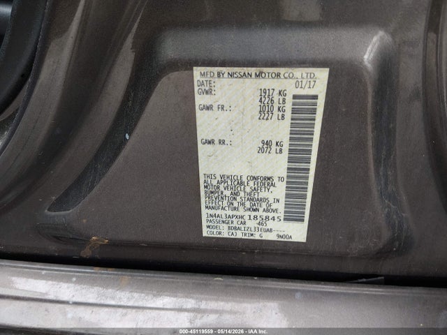 Aukcja sprzedaży 2017 Nissan Altima 2.5 Sv, vin: 1N4AL3APXHC185845, numer aukcji: 45119559