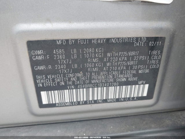 2011 Subaru Outback 2.5i Premium მანქანა იყიდება აუქციონზე, vin: 4S4BRBCC1B3401280, აუქციონის ნომერი: 45119566