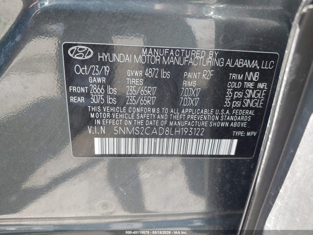 Продажа на аукционе авто 2020 Hyundai Santa Fe Se, vin: 5NMS2CAD8LH193122, номер лота: 45119575