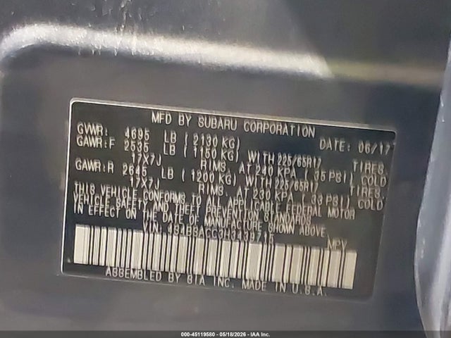 45119580 :رقم المزاد ، 4S4BSACC3H3439715 vin ، 2017 Subaru Outback 2.5i Premium مزاد بيع