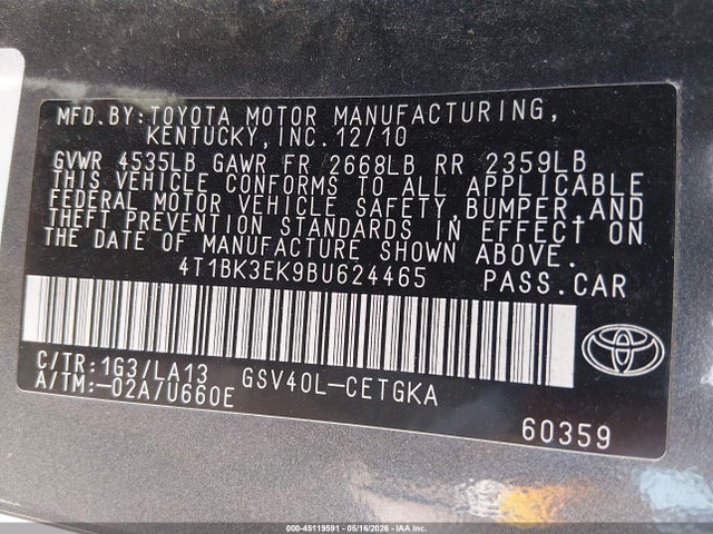 Aukcja sprzedaży 2011 Toyota Camry Xle V6, vin: 4T1BK3EK9BU624465, numer aukcji: 45119591