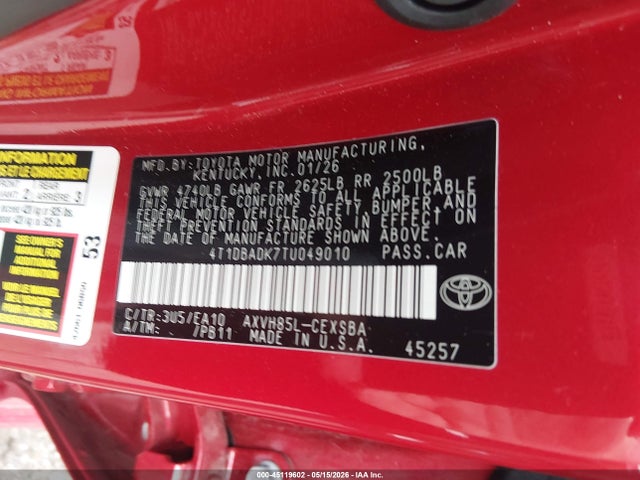 Aukcja sprzedaży 2026 Toyota Camry Se, vin: 4T1DBADK7TU049010, numer aukcji: 45119602
