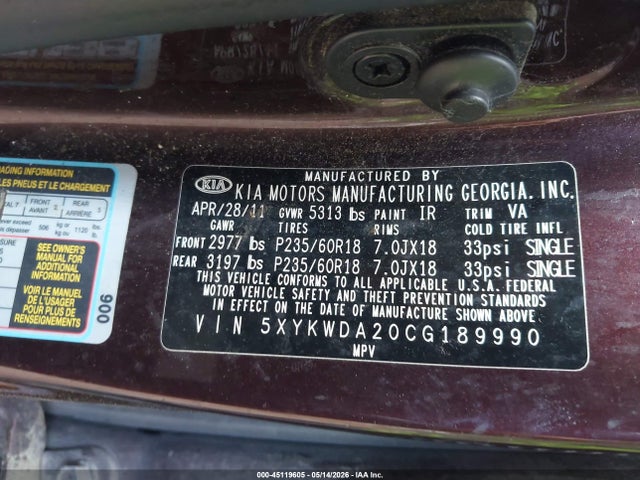 Aukcja sprzedaży 2012 Kia Sorento Sx V6, vin: 5XYKWDA20CG189990, numer aukcji: 45119605