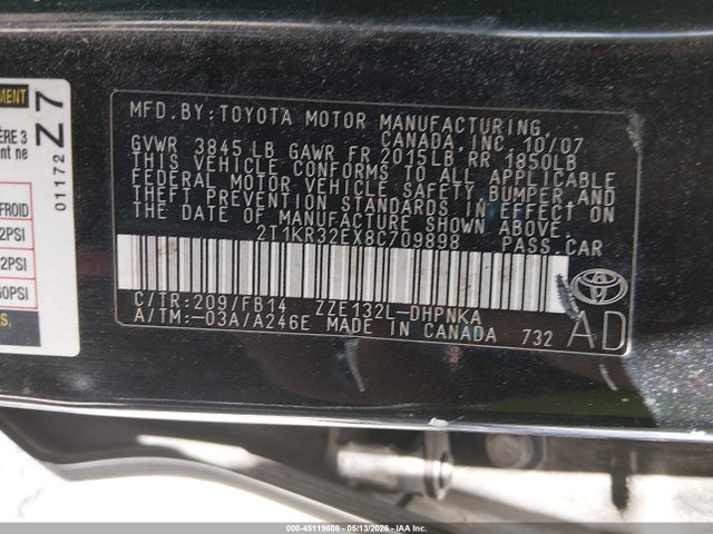 Aukcja sprzedaży 2008 Toyota Matrix Xr, vin: 2T1KR32EX8C709898, numer aukcji: 45119608