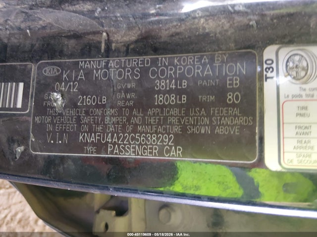 Aukcja sprzedaży 2012 Kia Forte Ex, vin: KNAFU4A22C5638292, numer aukcji: 45119609