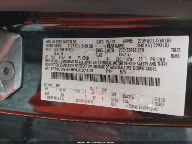 45119612 :رقم المزاد ، 1FMCU9HX0DUC87440 vin ، 2013 Ford Escape Sel مزاد بيع