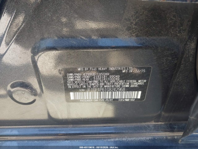 45119616 :رقم المزاد ، JF1GPAP61G8242968 vin ، 2016 Subaru Impreza 2.0i Sport Premium مزاد بيع